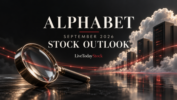 A magnifying glass and cloud servers illustrating Alphabet's September 2026 stock outlook.