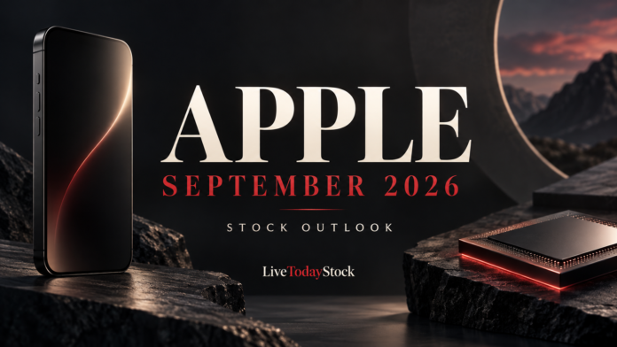 Editorial illustration of a smartphone and silicon chip for Apple's September 2026 stock outlook.