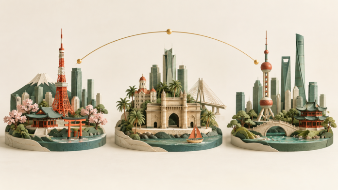 Conceptual architectural clusters inspired by Tokyo, Mumbai and Shanghai, illustrating regional market comparison; not a real cityscape or market data.