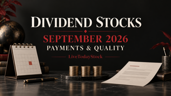 Conceptual calendar, payment document and coins for September 2026 dividend research.