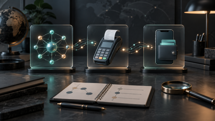 Illustration of a payment network, merchant terminal and digital wallet connected by transaction flows