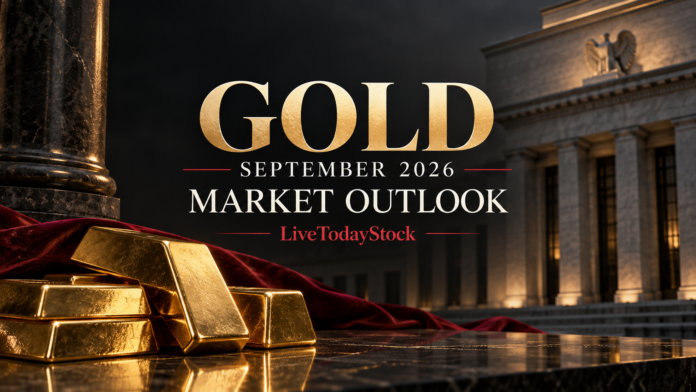 Conceptual illustration of unmarked gold bars and a subtle central-bank facade for the September 2026 gold outlook.