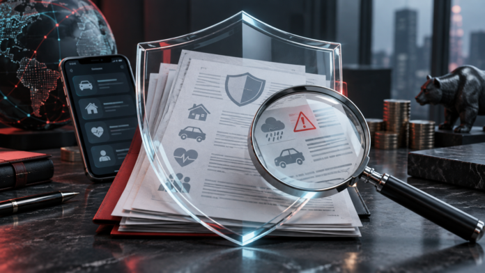 Insurance policy and digital app under a magnifying glass, illustrating insurtech stock due diligence
