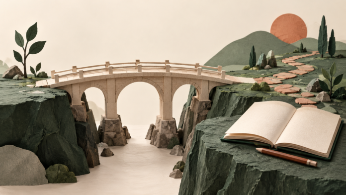 Conceptual paper-and-clay bridge, uneven path and notebook illustrating investment risk planning; not a forecast or promise of safety.