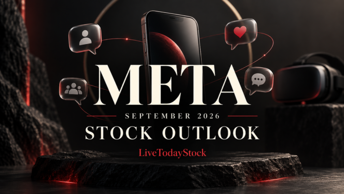 Conceptual smartphone, social connection symbols and VR headset for Meta’s September 2026 stock outlook.