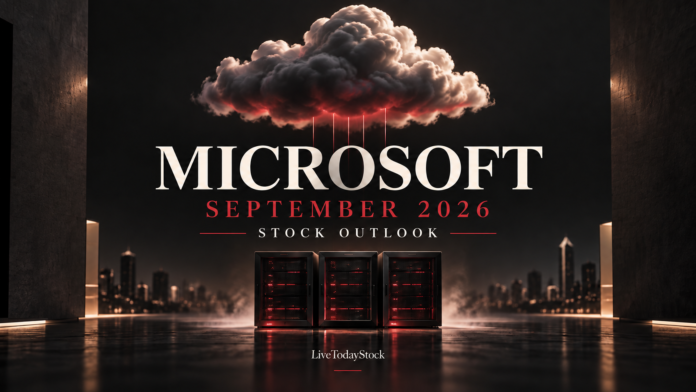 Editorial illustration of cloud infrastructure and servers for Microsoft's September 2026 stock outlook.