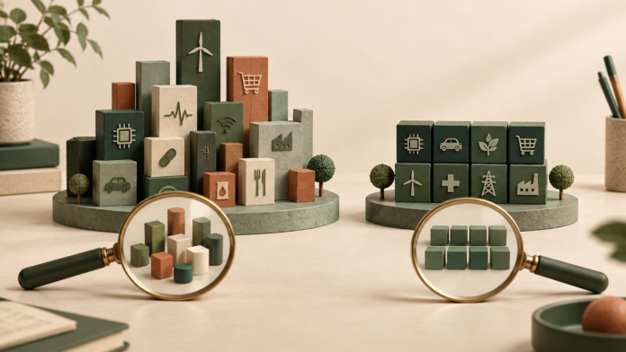 Two conceptual groups of company blocks and a magnifying glass representing different index construction rules; not actual constituents or weights.