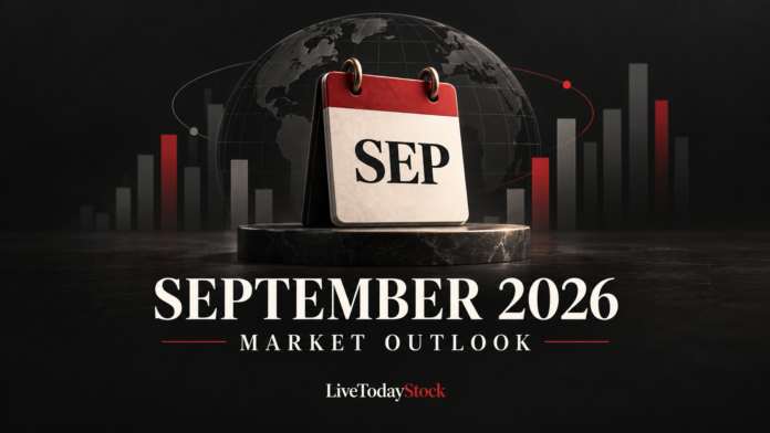 September 2026 market outlook illustration with a calendar, globe and abstract market bars.