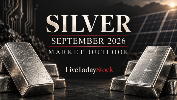 Conceptual illustration of unmarked silver bars with subtle industrial circuit and solar cell textures for the September 2026 silver outlook.