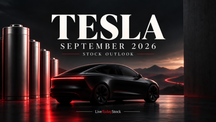 Editorial illustration of an electric vehicle and batteries for Tesla's September 2026 stock outlook.
