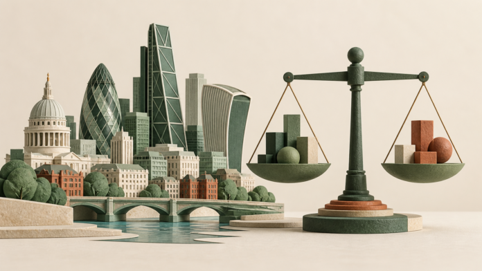 Conceptual paper-and-clay London skyline beside a balance representing a comparison of UK equity indexes; not market data.